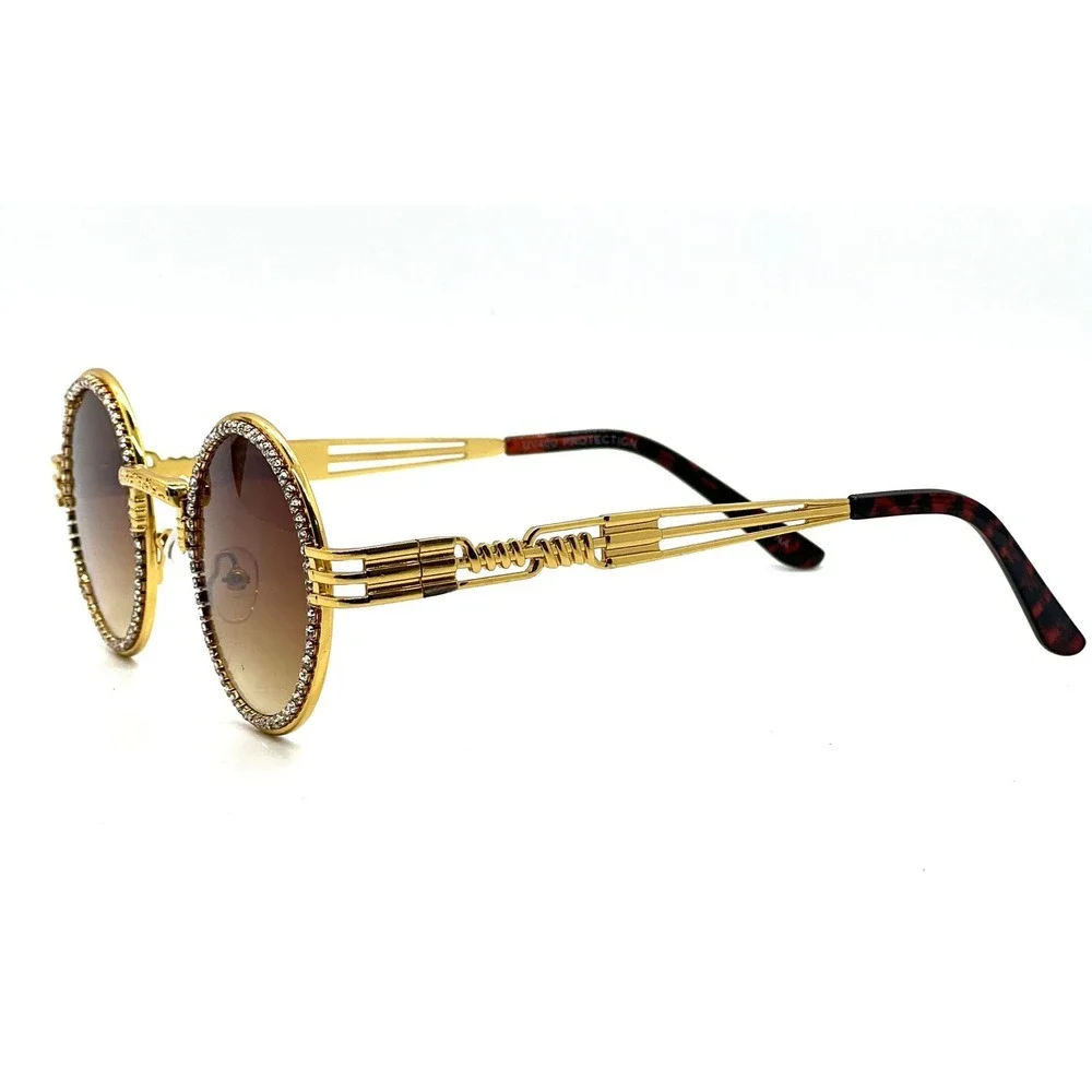 Rhinestone Sunglasses Round Gold Frame Brown Lens Men's Fashion Retro Luxury New